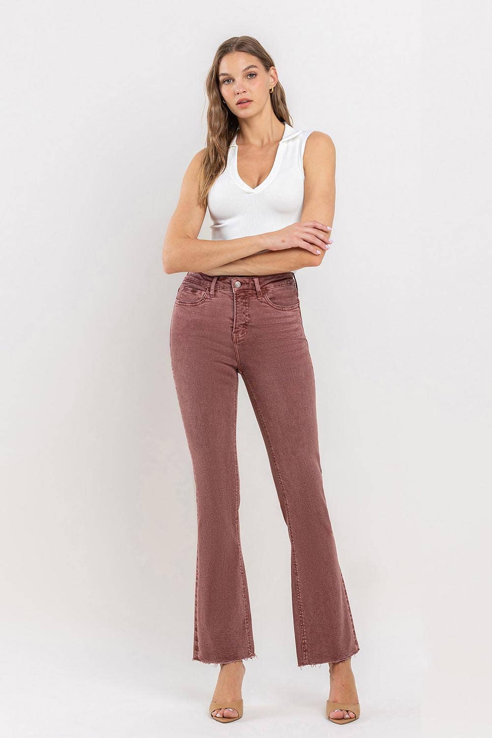 Wine Vervet Mid-Rise Cropped Bootcut Jeans