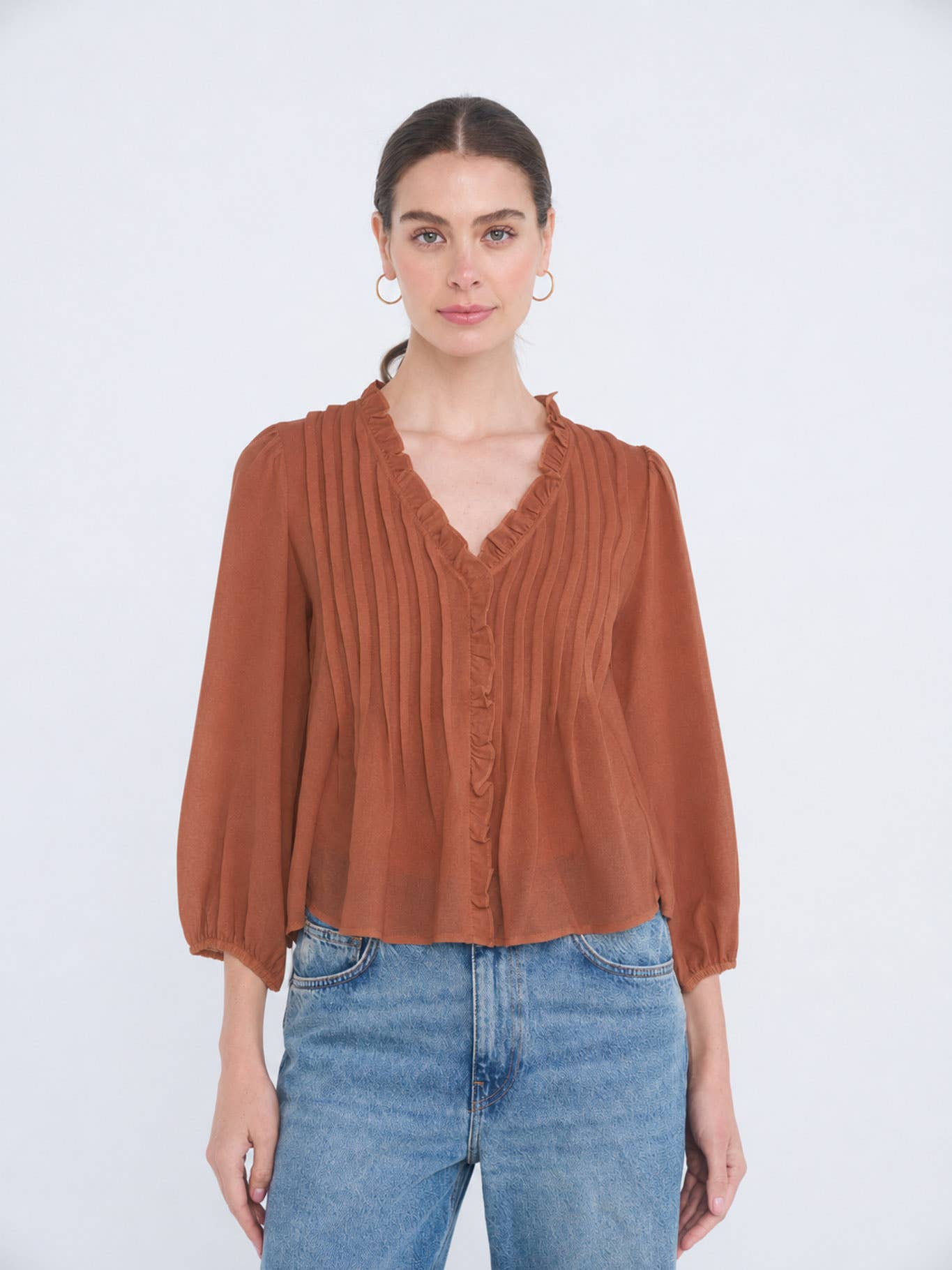 MINE - 3/4 SLEEVE RUFFLE TRIM PINTUCK DETAIL BLOUSE: LIGHT TERRACOTTA