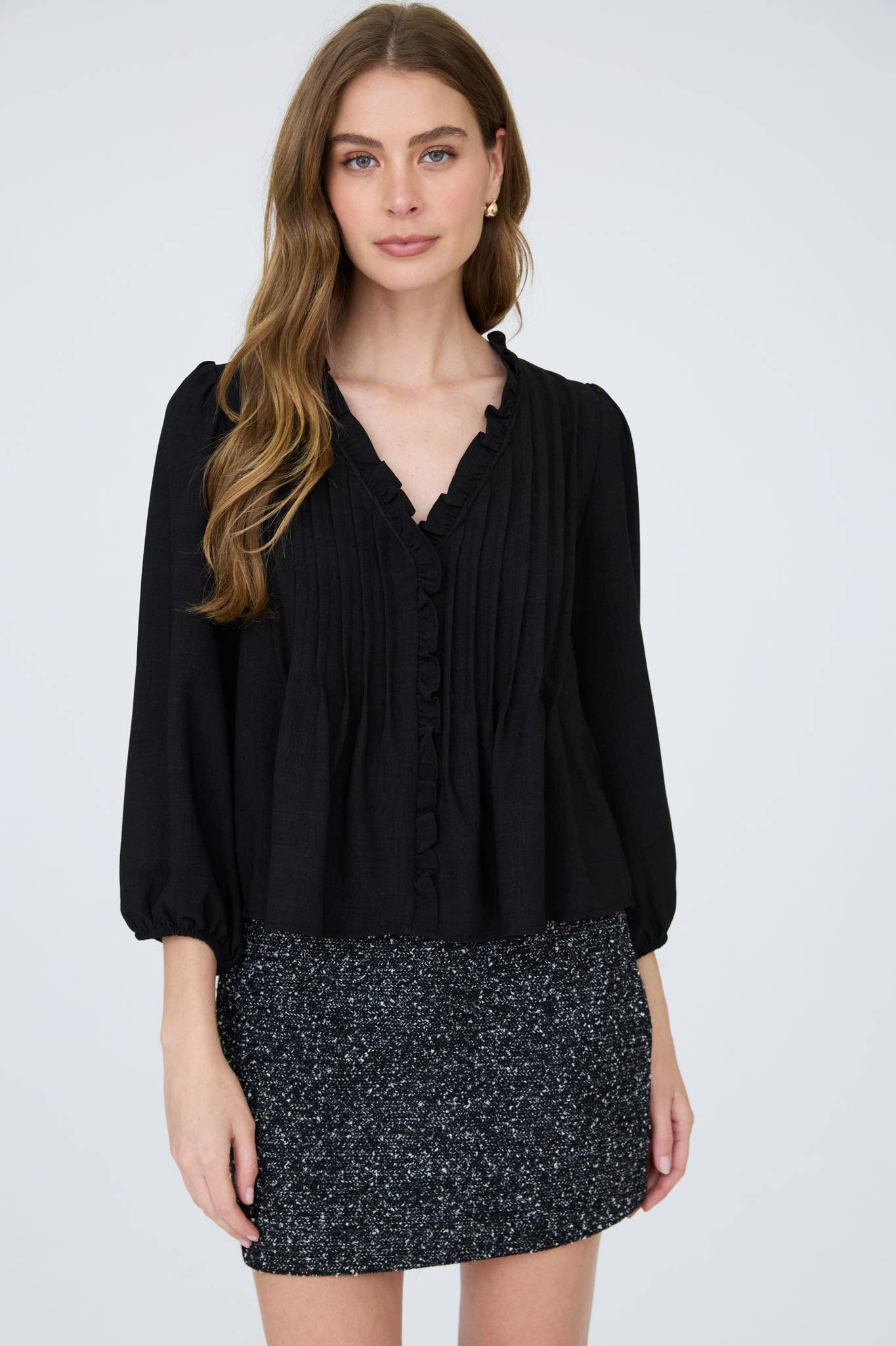 MINE - 3/4 SLEEVE RUFFLE TRIM PINTUCK DETAIL BLOUSE: LIGHT TERRACOTTA
