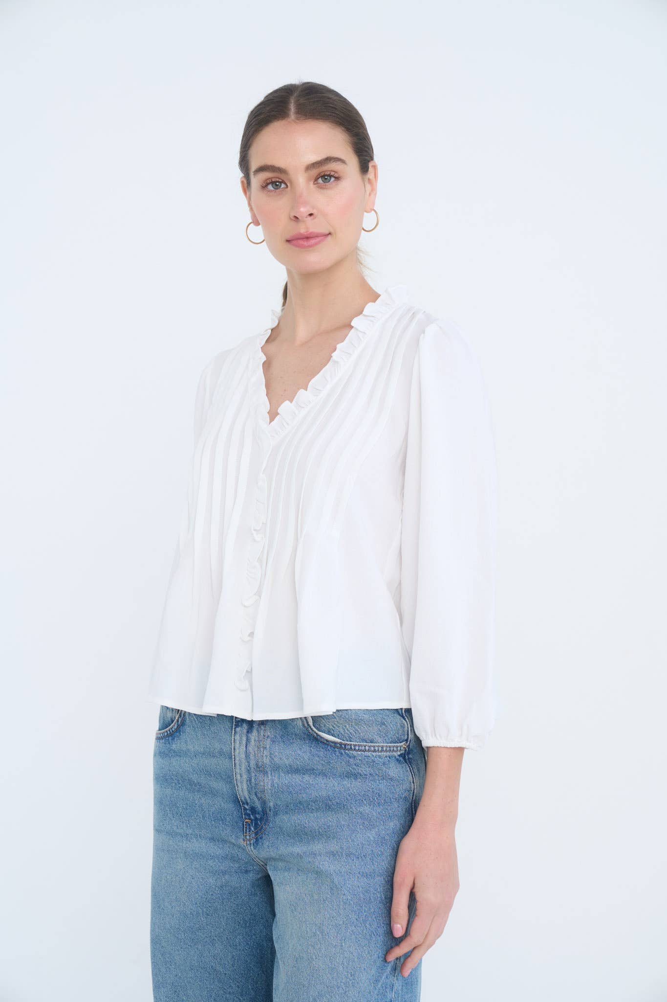 MINE - 3/4 SLEEVE RUFFLE TRIM PINTUCK DETAIL BLOUSE: LIGHT TERRACOTTA