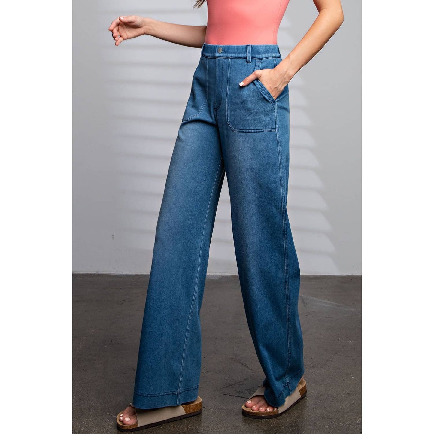 Pull On Pocketed Cotton Stretch Twill Wide Leg Pants - LIGHT