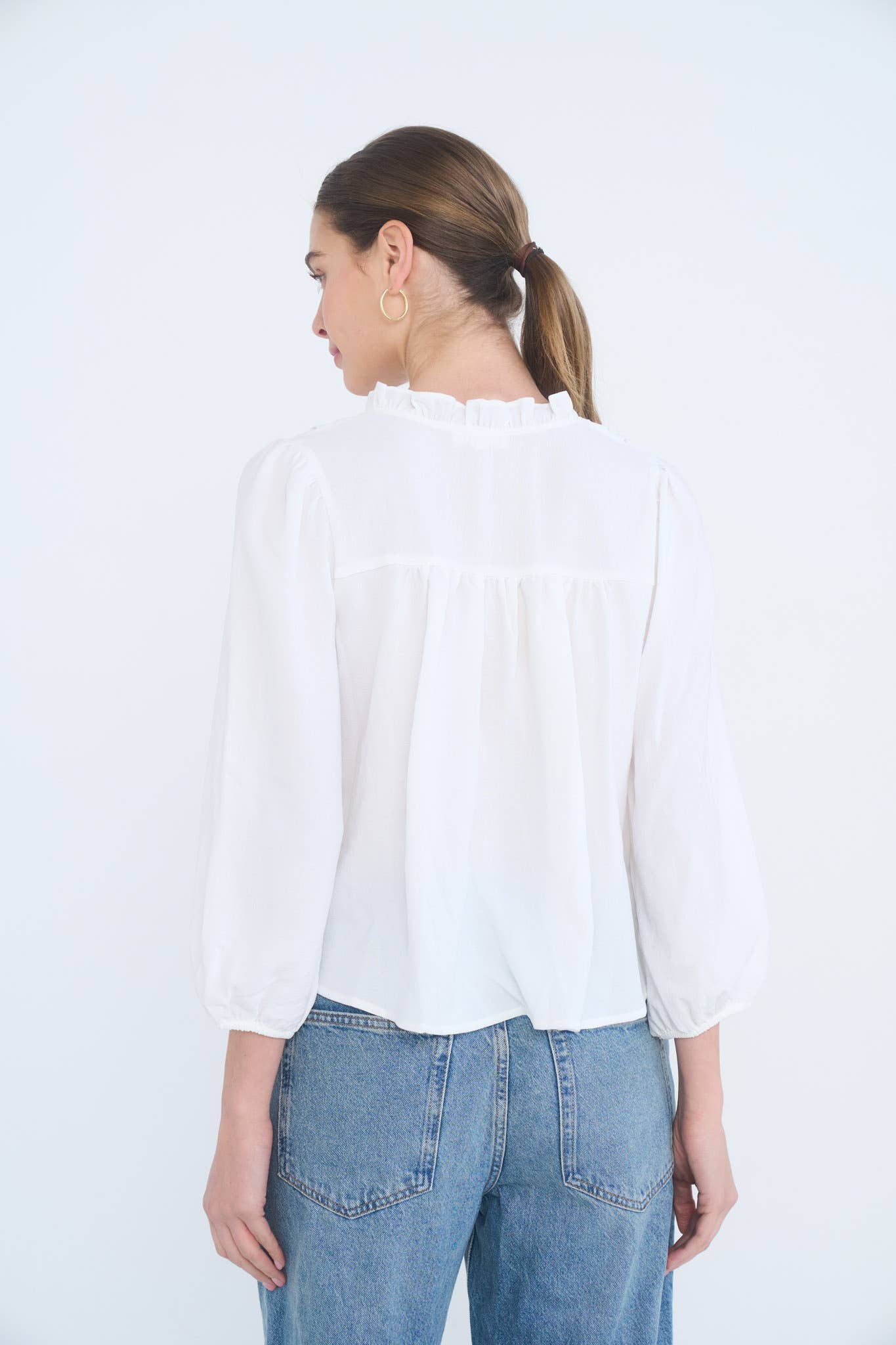 MINE - 3/4 SLEEVE RUFFLE TRIM PINTUCK DETAIL BLOUSE: LIGHT TERRACOTTA