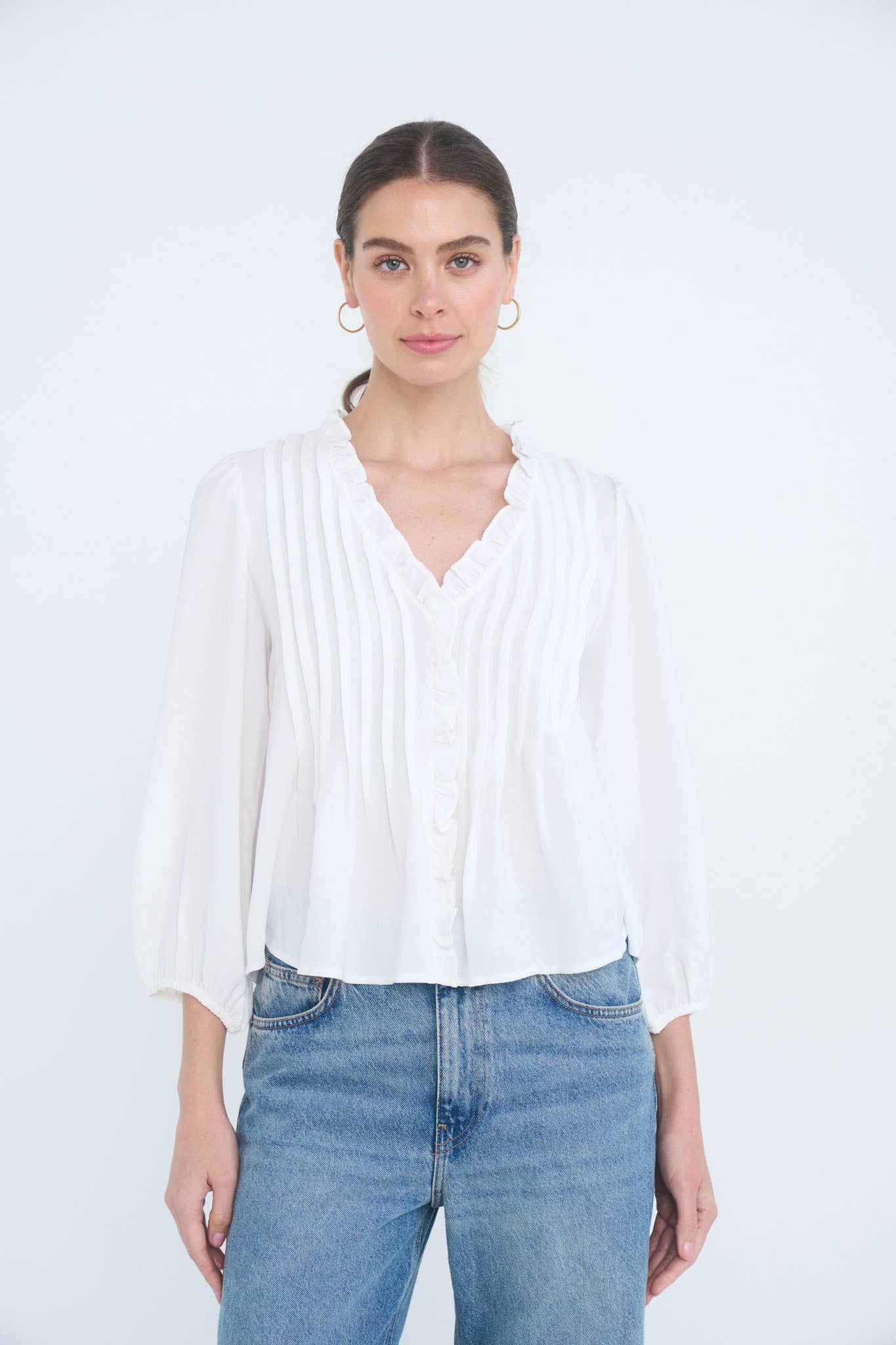MINE - 3/4 SLEEVE RUFFLE TRIM PINTUCK DETAIL BLOUSE: LIGHT TERRACOTTA