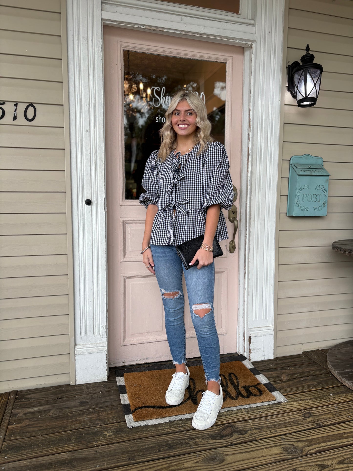 Maddie Gingham Bow Tie Shirt