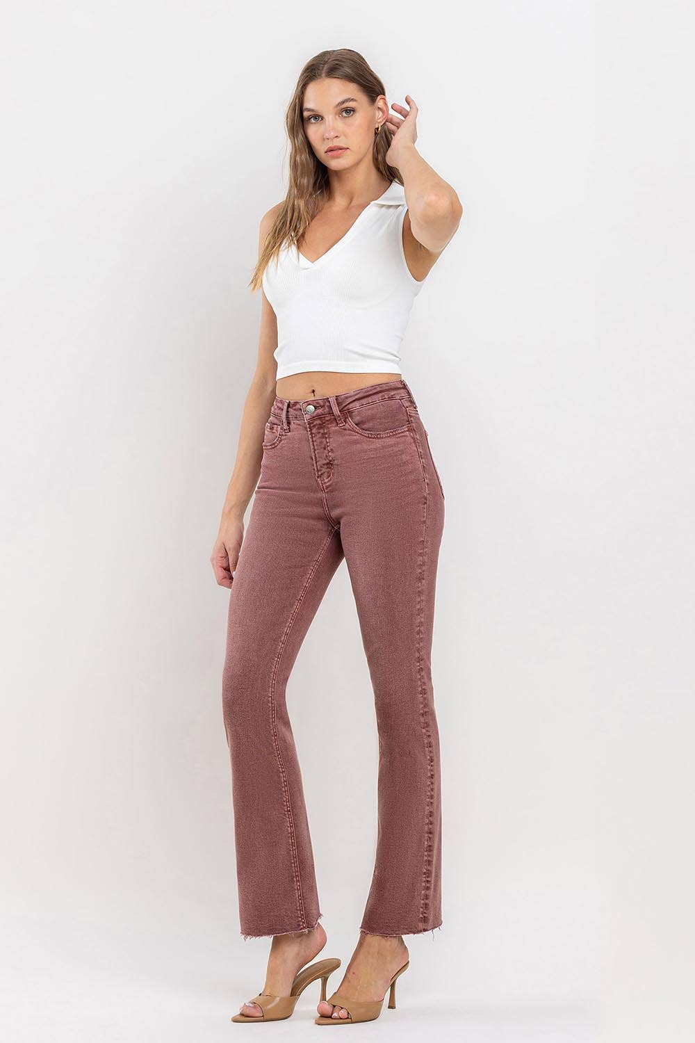 Curvy Wine Vervet Mid-Rise Cropped Bootcut Jeans in Wine