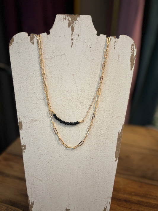 Worn Gold Layering Black Necklace
