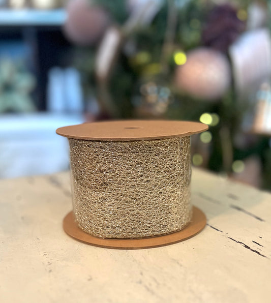 3" Mesh White Gold Wired Ribbon 10 Yard Roll