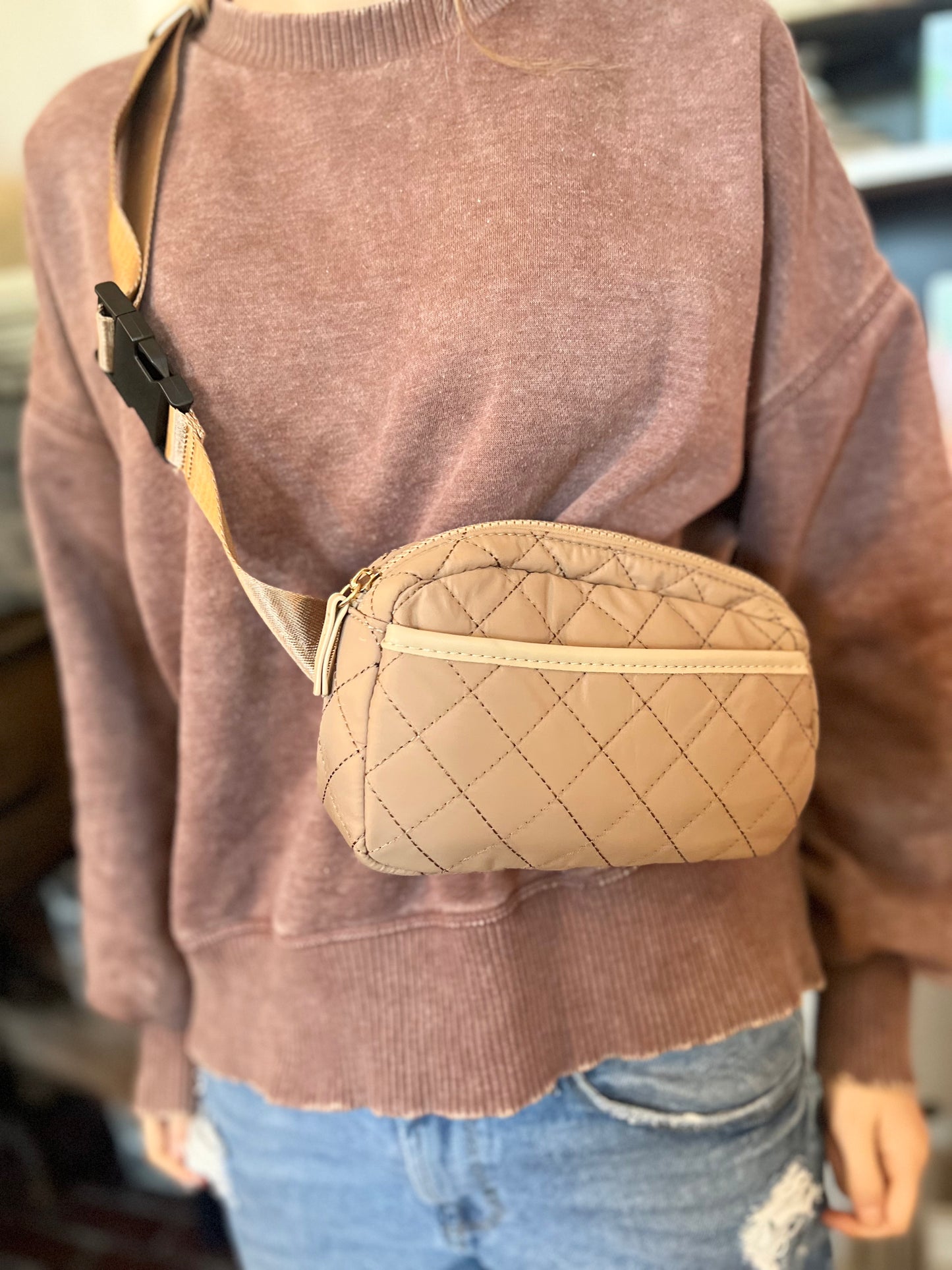 Chrissy Quilted Belt Bag w/ Nylon Strap in Brown