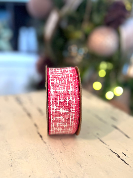 1 1/2" Wired Ribbon Faux Tweed Pink & White 10 Yard Roll