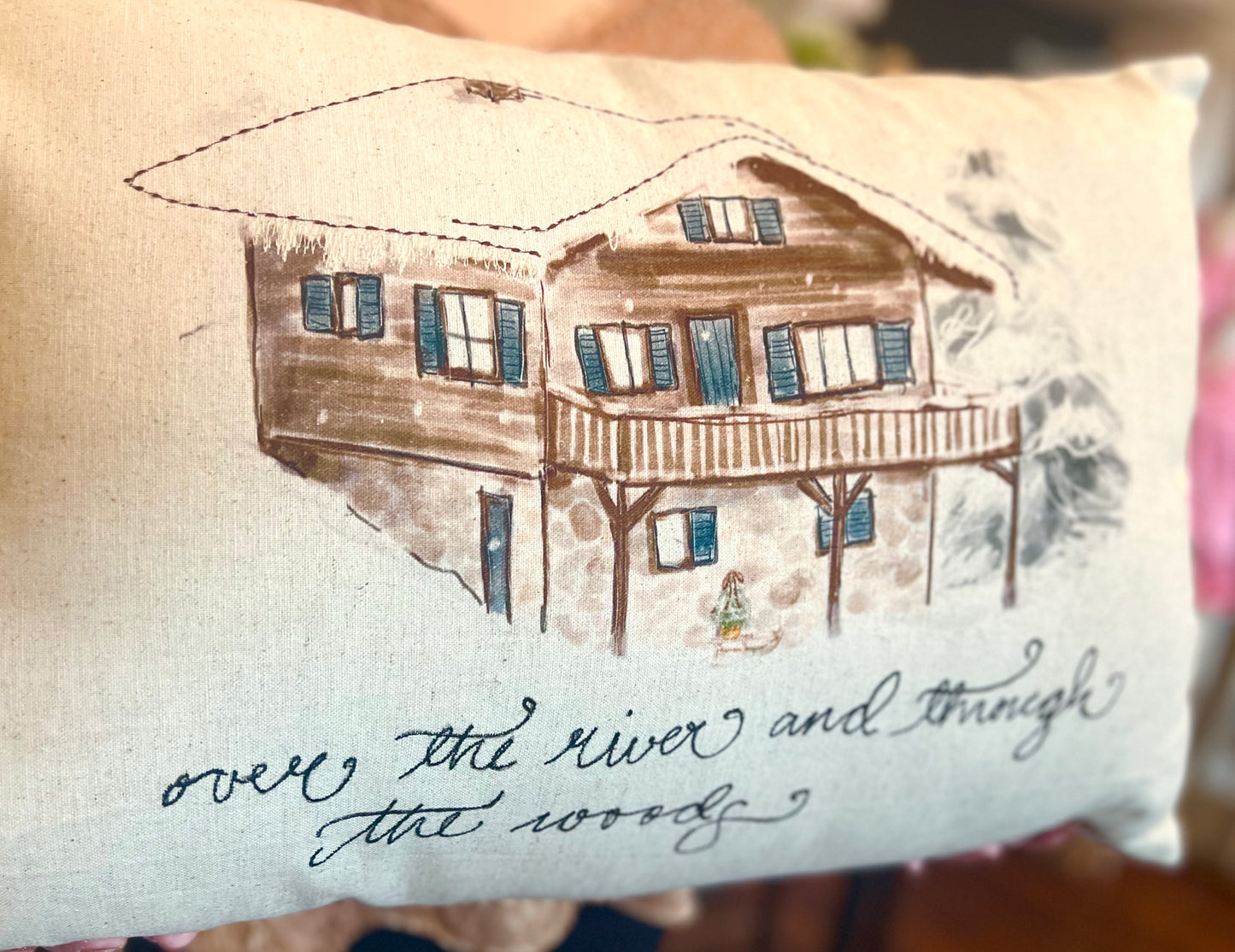 Over the River Lumbar Pillow with Winter Scene & Embroidered