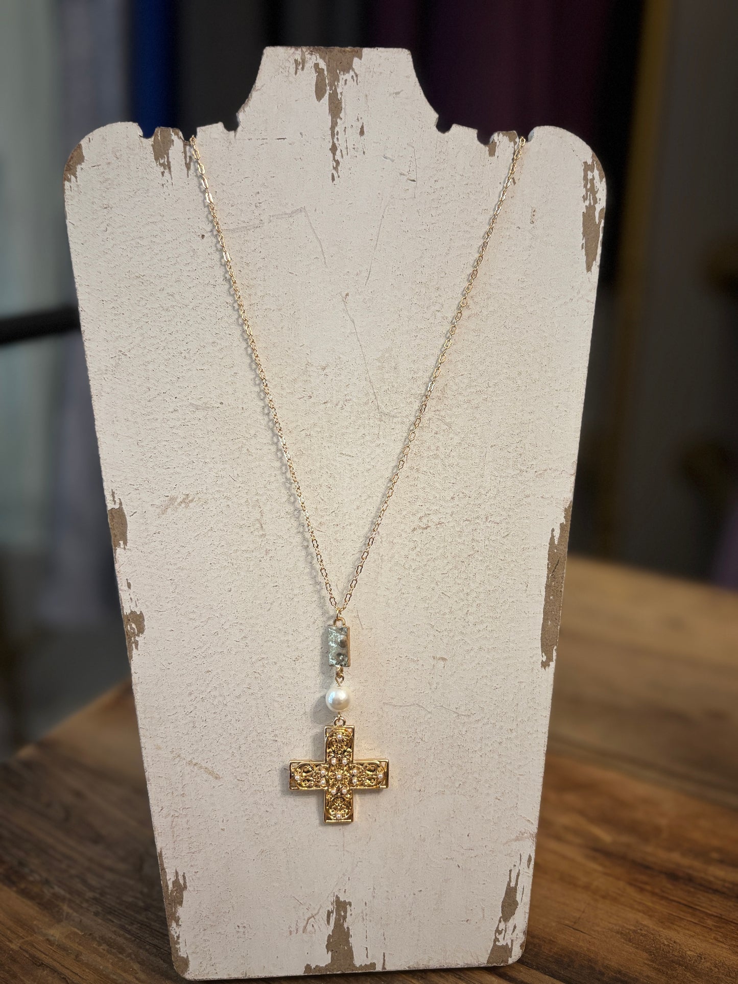 Gold and Pearl Hammered Cross 36" Necklace