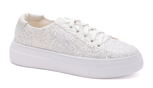 Glaring Sneakers in White Chunky Glitter
