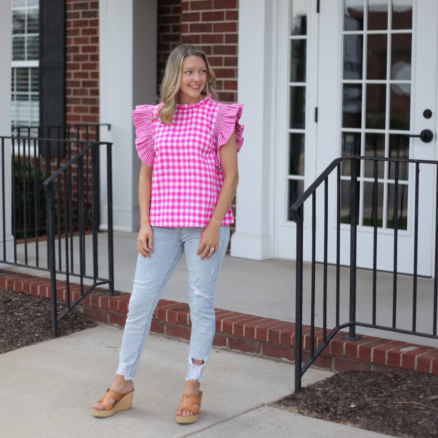 FINAL SALE Checked Off Pink Gingham Frill Sleeve Top