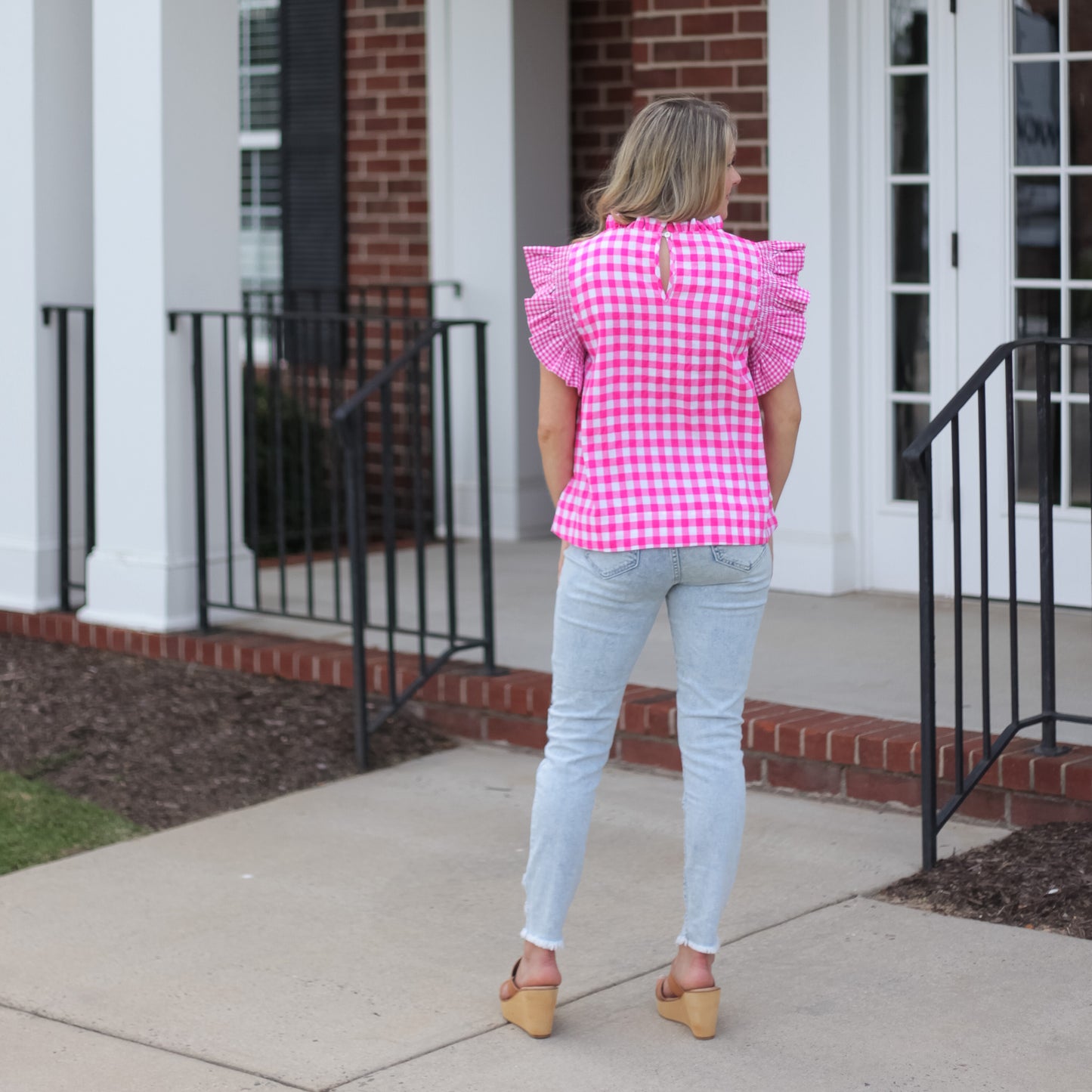 FINAL SALE Checked Off Pink Gingham Frill Sleeve Top