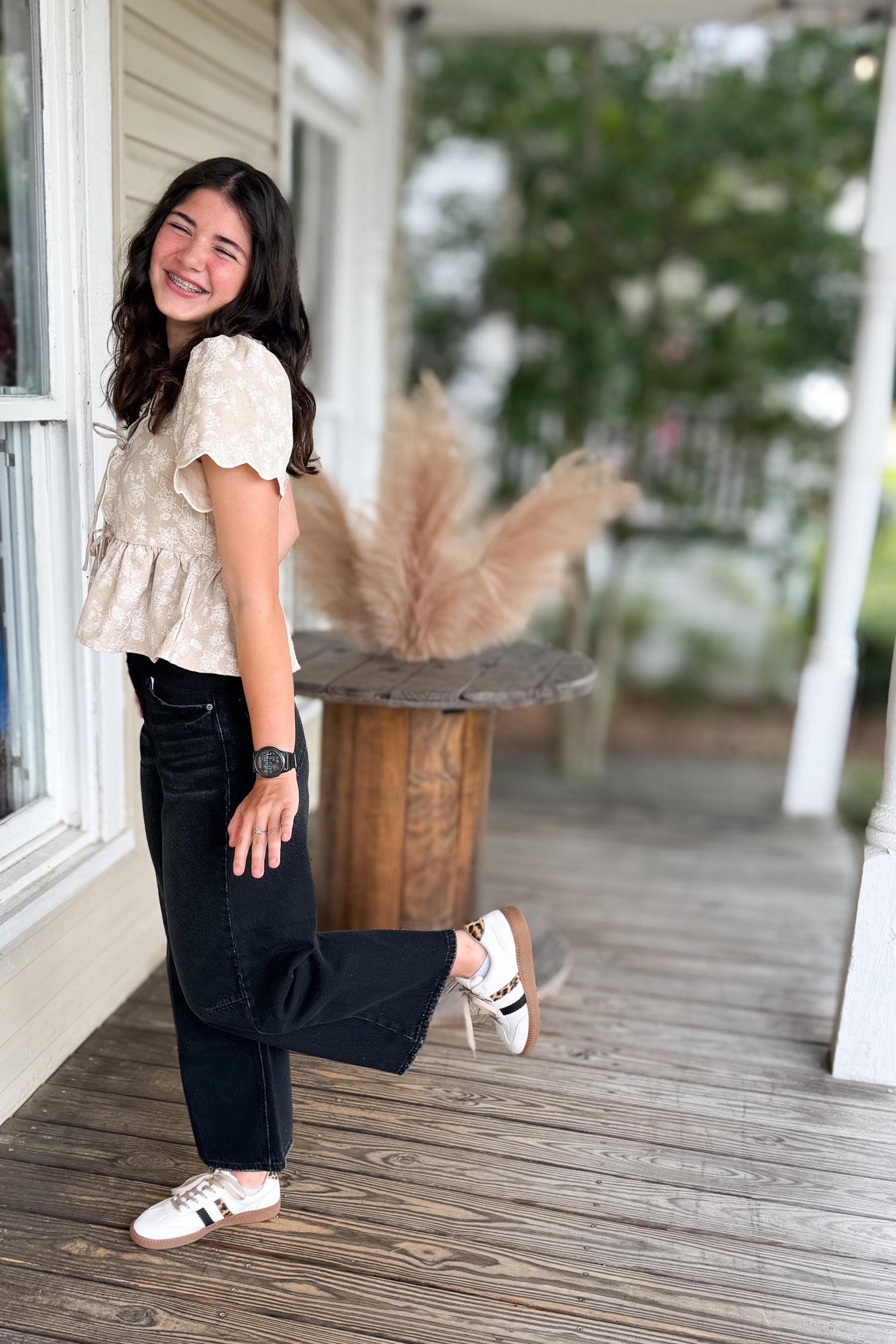 Hanna Embroidered Front Tie Peplum Top