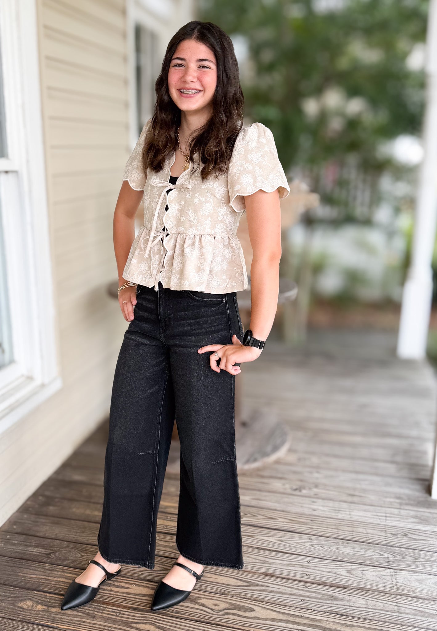 Hanna Embroidered Front Tie Peplum Top