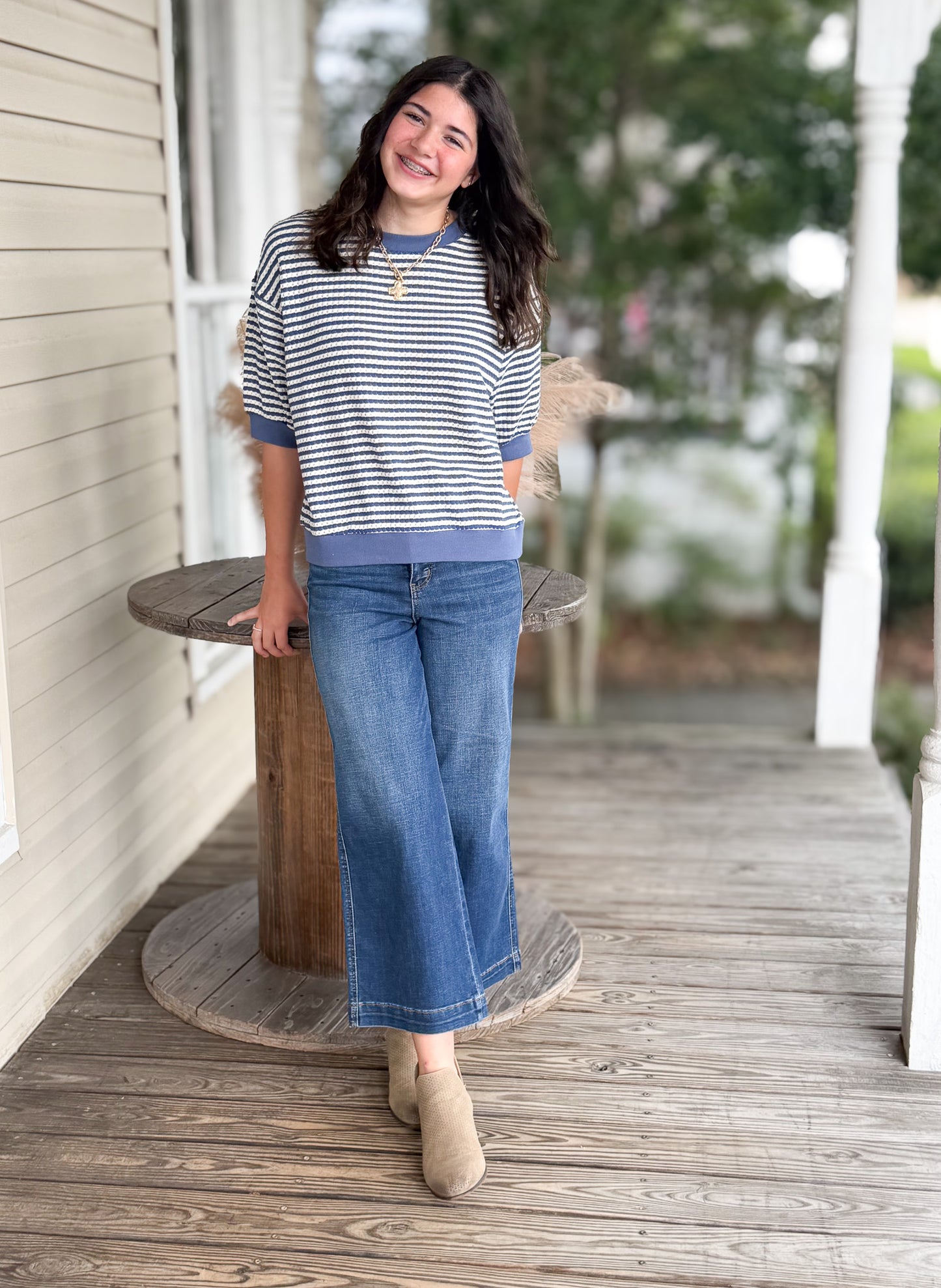 Kaydence Blue Textured Stripe Top