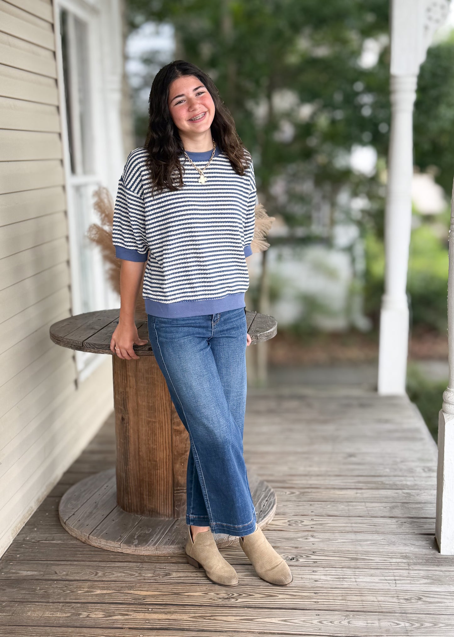Kaydence Blue Textured Stripe Top