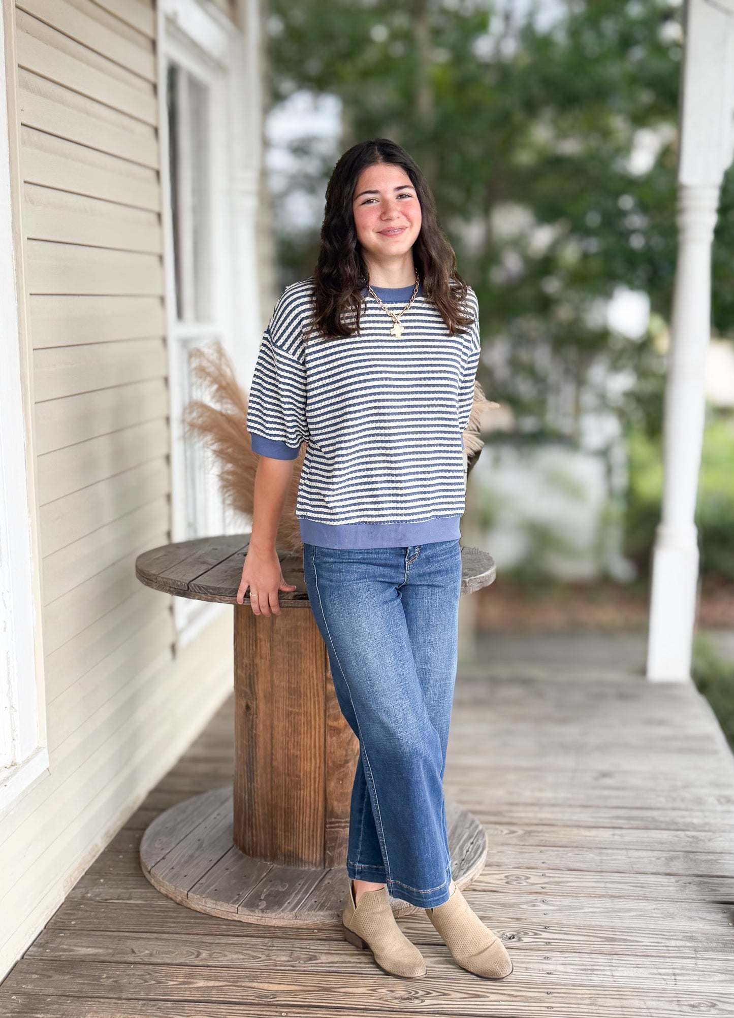 Kaydence Blue Textured Stripe Top