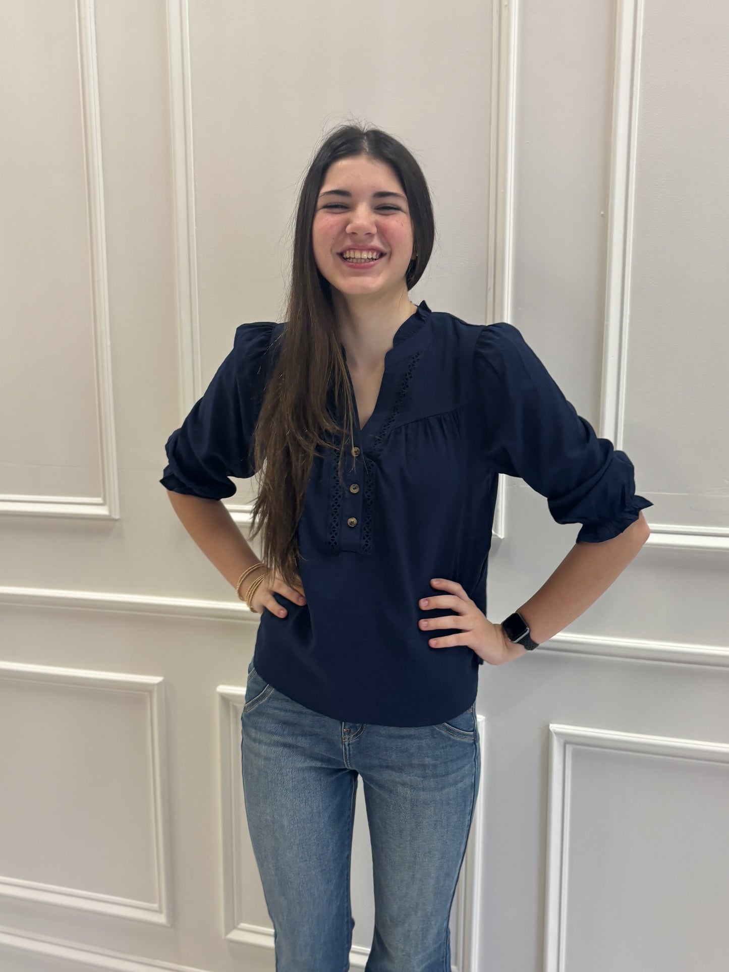 Easy Does It Ruffle Trim Top in Navy