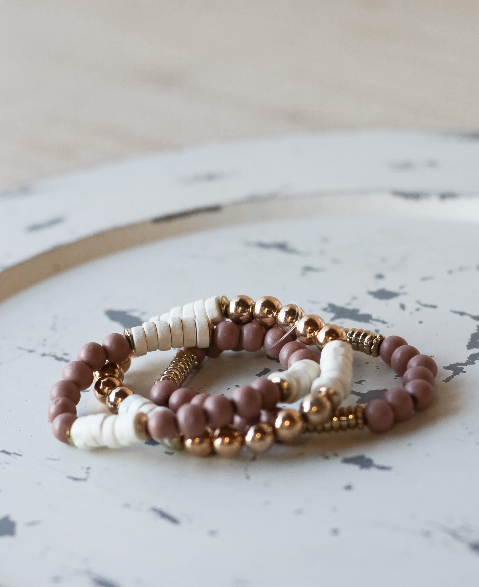 Mauve Wooden Bead Bracelet w Gold Accents - Shoppe3130