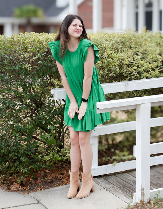 Playing the Green Mini Ruffle Dress