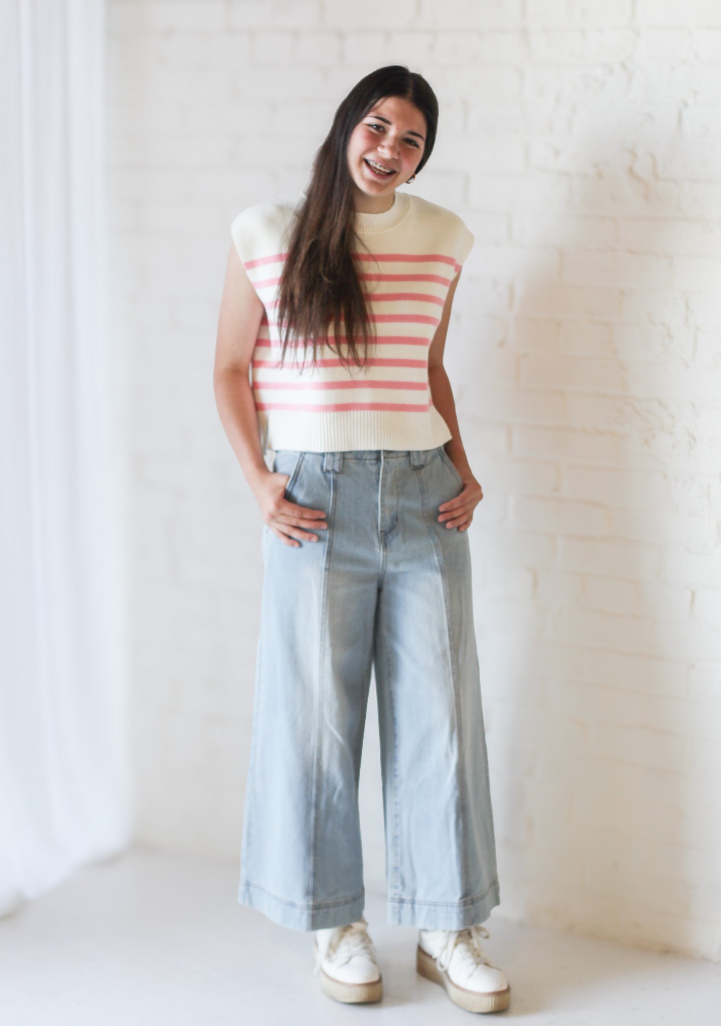 Mollie Crew Neck Stripe Sweater Vest - Shoppe3130