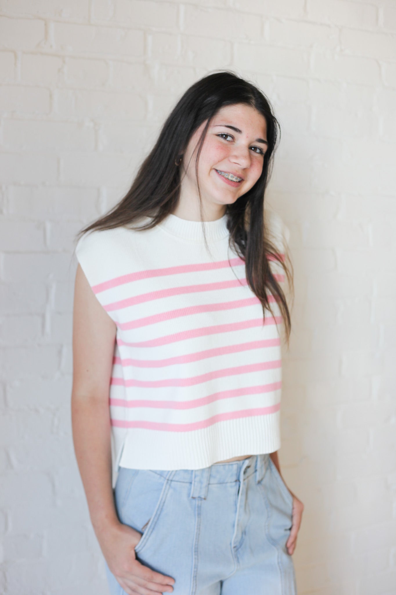 Mollie Crew Neck Stripe Sweater Vest - Shoppe3130