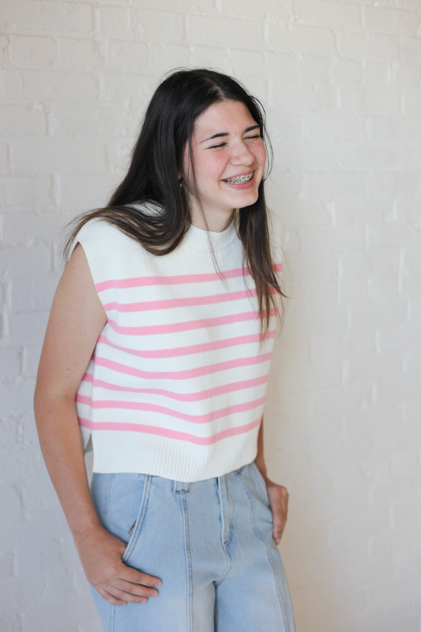 Mollie Crew Neck Stripe Sweater Vest - Shoppe3130