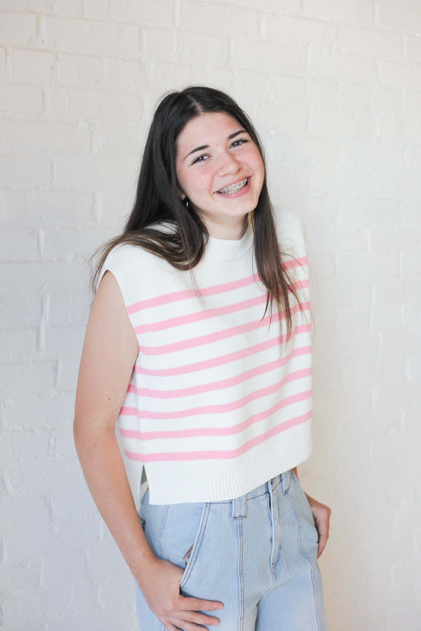 Mollie Crew Neck Stripe Sweater Vest - Shoppe3130