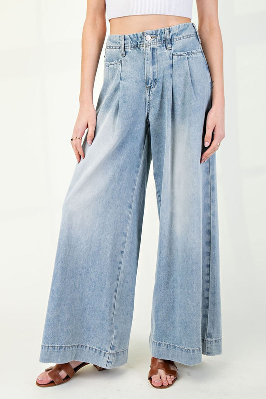 Mineral Wash Pleated Wide Leg Pants