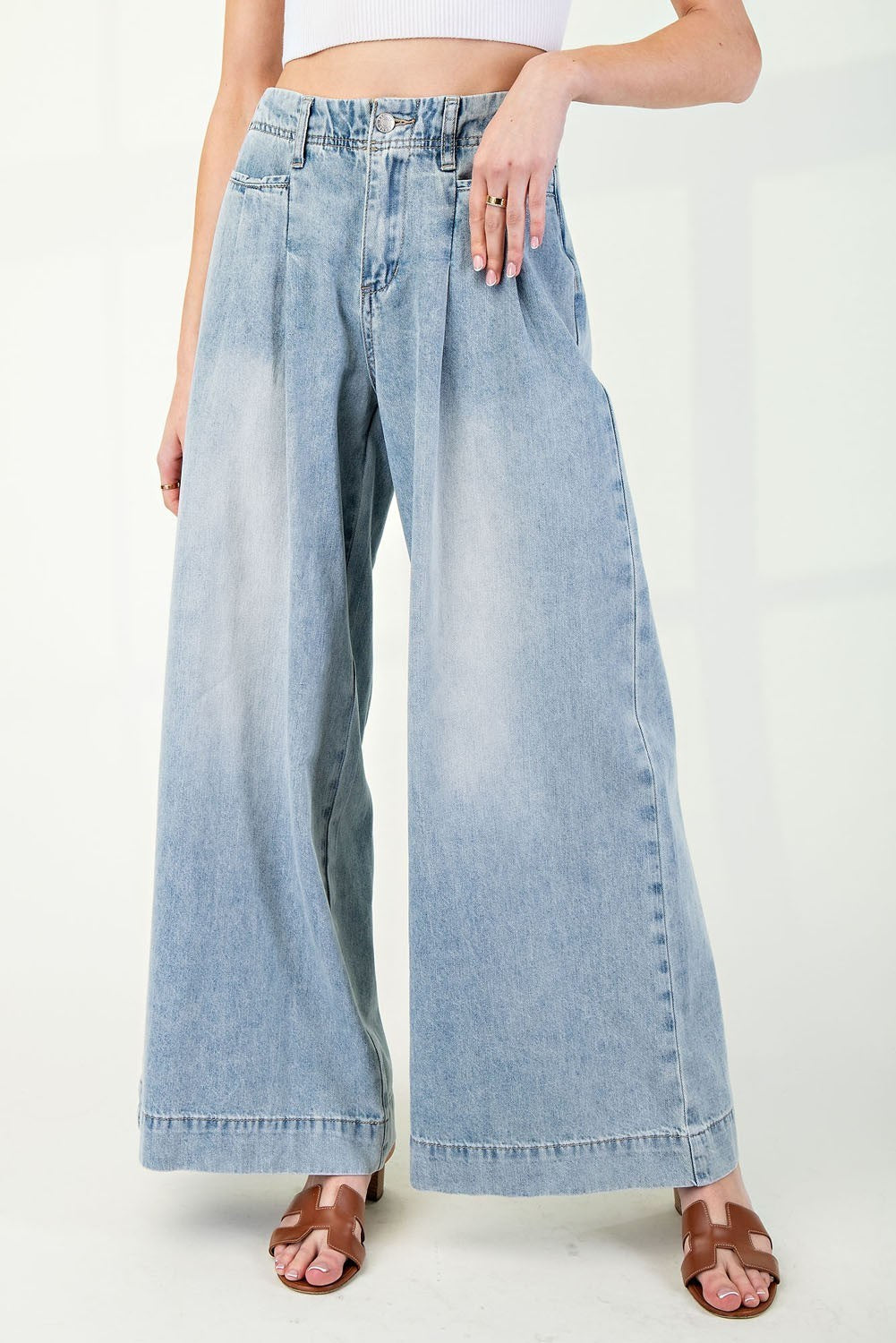 Mineral Wash Pleated Wide Leg Pants