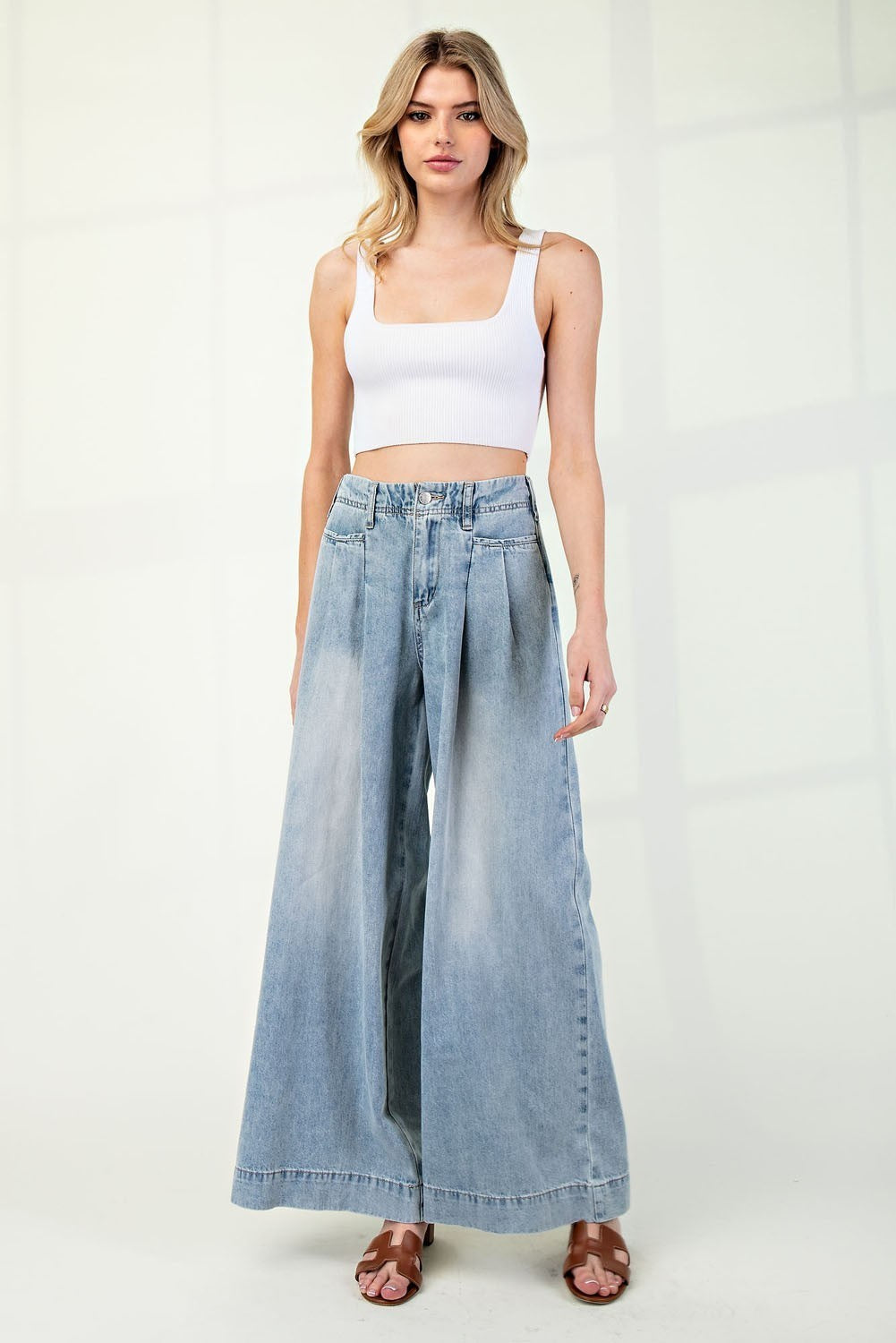 Mineral Wash Pleated Wide Leg Pants