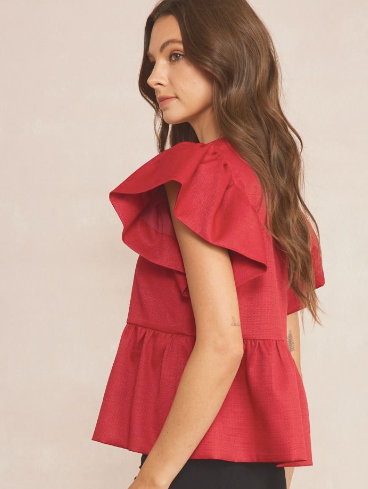Going for The Win Ruby Red Bubble Sleeve Peplum Top
