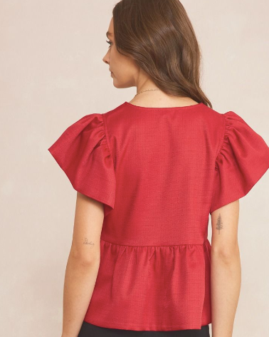 Going for The Win Ruby Red Bubble Sleeve Peplum Top