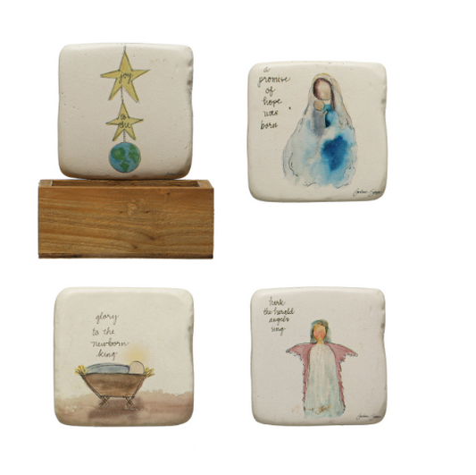 4" Square Resin Coasters w/ Christmas Saying & Image in Wood Box, Multi Color, Set of 5