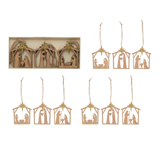 Laser Cut Nativity Ornaments w/ Gold Glitter Star, Boxed Set of 9