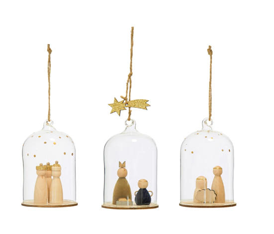 4-1/4"H Glass Cloche Ornaments w/ Wood Nativity