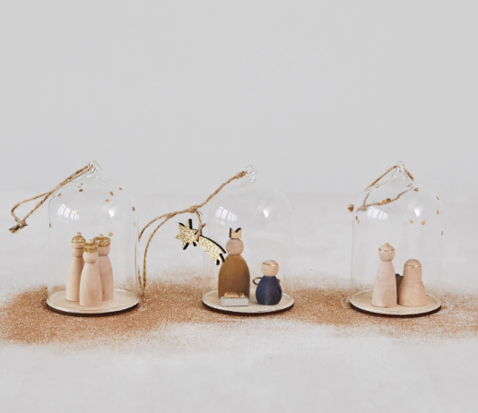 4-1/4"H Glass Cloche Ornaments w/ Wood Nativity