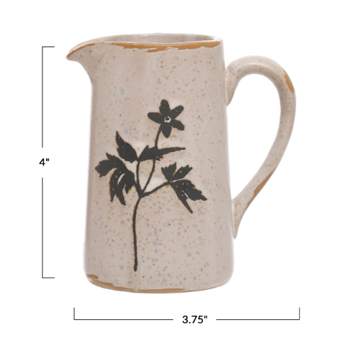 Debossed Stoneware Creamer w/ Flowers (Each One Will Vary)