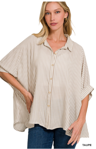 Curvy Taupe Rosie Rayon Striped Short Sleeve Button Up Shirt