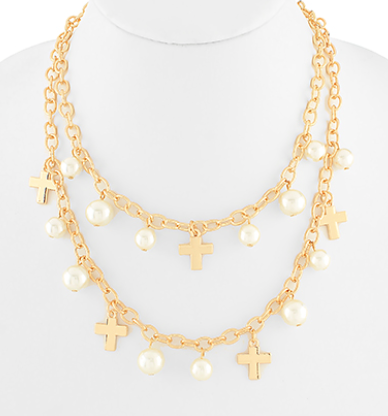 Cross and Pearl Double Dangle Necklace