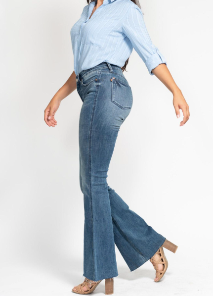 Mid-Rise Tummy Control Vintage Wash Cut Hem Flare