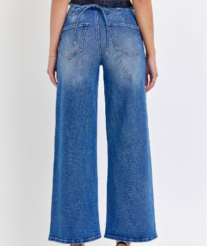 High Rise Cropped Bow Tie Back Wide Leg Cello Denim Pants