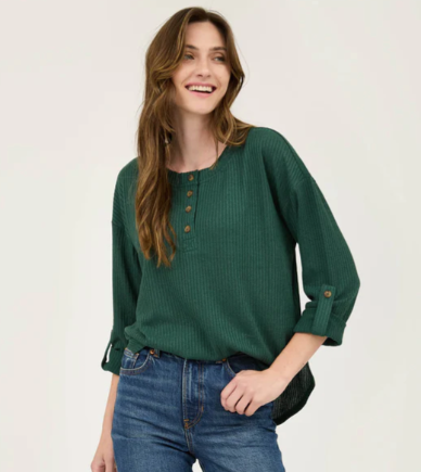 Everyday Comfy Hunter Green Henley Top In CURVY