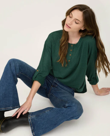 Everyday Comfy Hunter Green Henley Top In CURVY