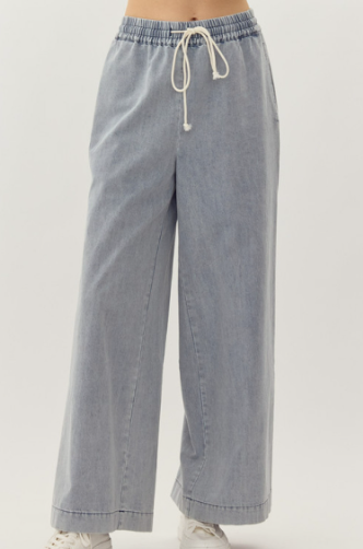 Front Draw String Wide Leg Chambray Pants