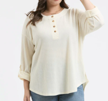 Everyday Comfy Hunter Cream Henley Top In CURVY