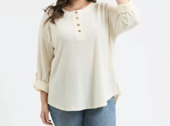 Everyday Comfy Hunter Cream Henley Top In CURVY