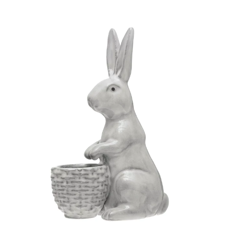 Stoneware Rabbit w/ Embossed Planter, Reactive Glaze, White - Shoppe3130